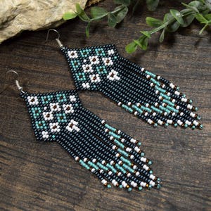 Seed bead fringe earrings, Long beaded earrings
