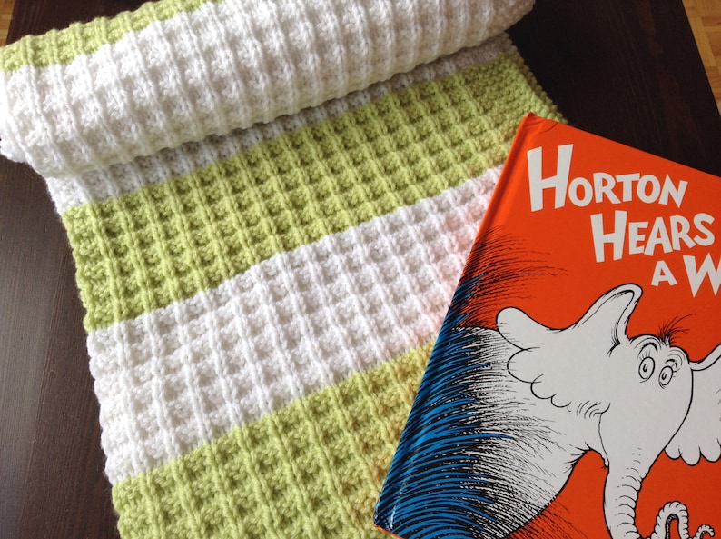 Hand Knit Blanket Lime Green & White Waffle Etsy