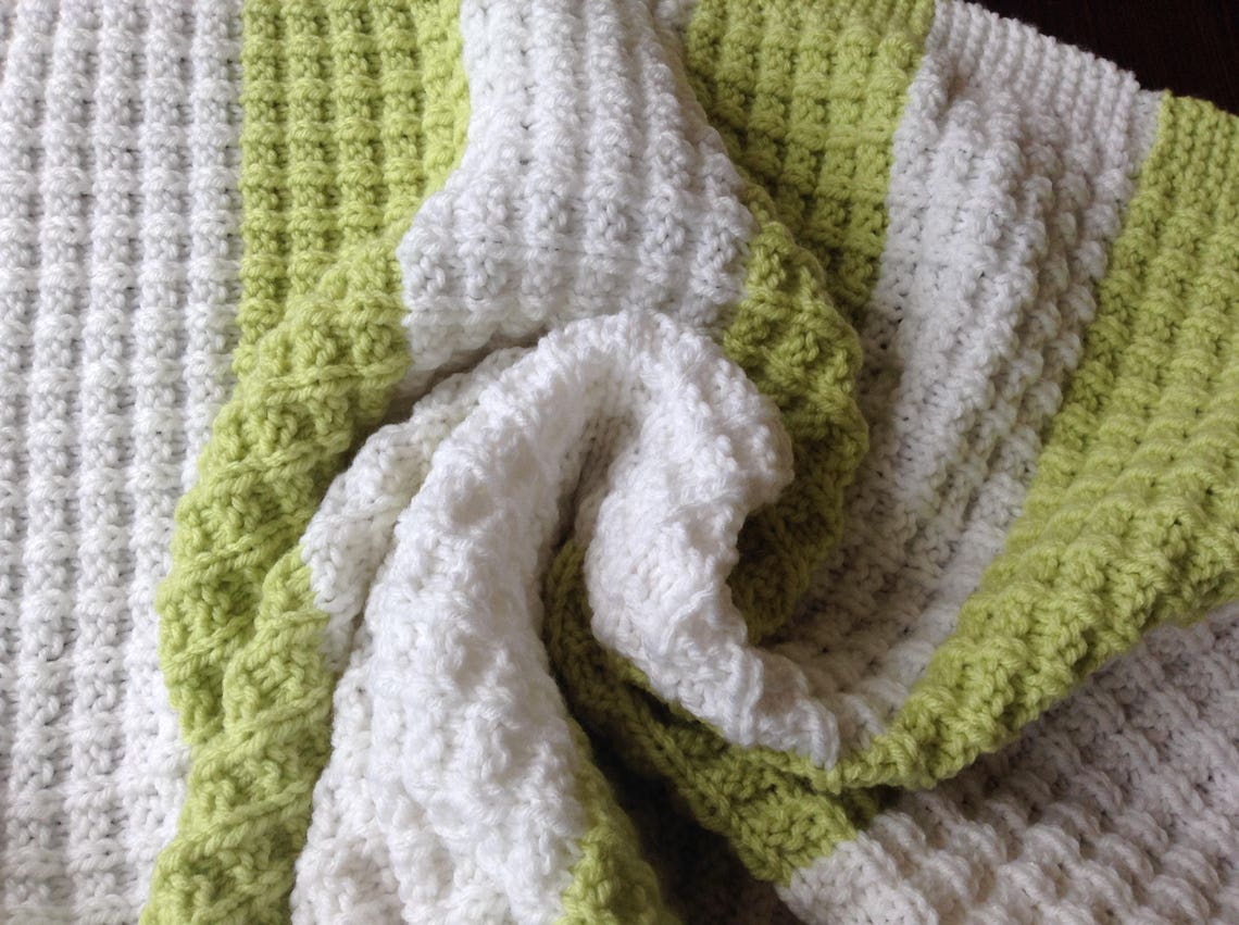 Hand Knit Blanket Lime Green & White Waffle Etsy