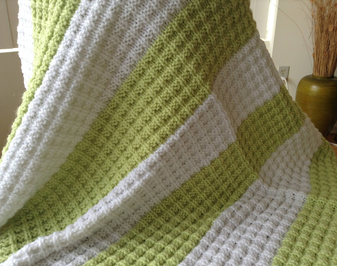 Hand Knit Blanket Lime Green & White Waffle Etsy