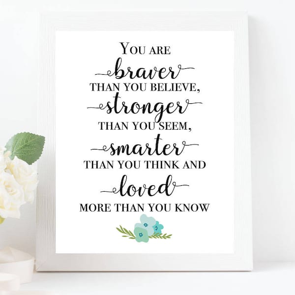 You Are Braver Than You Believe..., Winnie the Pooh Quote, Nursery Art, Girl Nursery Wall Art, Blue Floral Wall Print, INSTANT DOWNLOAD