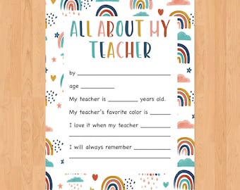 Teacher Appreciation Printable, All About My Teacher Printable, Teacher Student Gift, Teacher Printable Gifts, End Of Year Teacher Gift