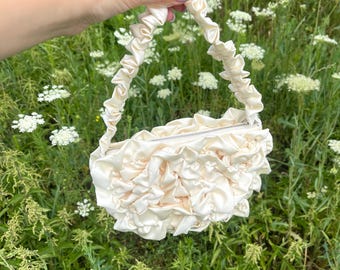 Ruffles bag, textile bag, wedding bag, satin bag, ivory satin bag, ivory bag, delicate handbag, satin handbag, ballet core style, romantic