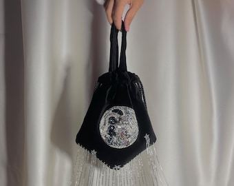 Textile embroidered bag &quot;Full Moon&quot;, black velvet bag, pouch, textile beaded bag, women&#39;s and designered bag, bag for evening, best gift