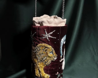 Textile bag with embroidery, velvet bucket pouch bag, beaded bag, gift for her, dark cherry bag, tarot bag, lion embroidery, stars and sky