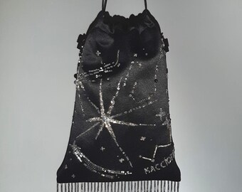Textile embroidered bag, handmade embroidery, women&#39;s bag, designer bag, original bag, glow-in-the-dark embroidery, bag stars, satin bag
