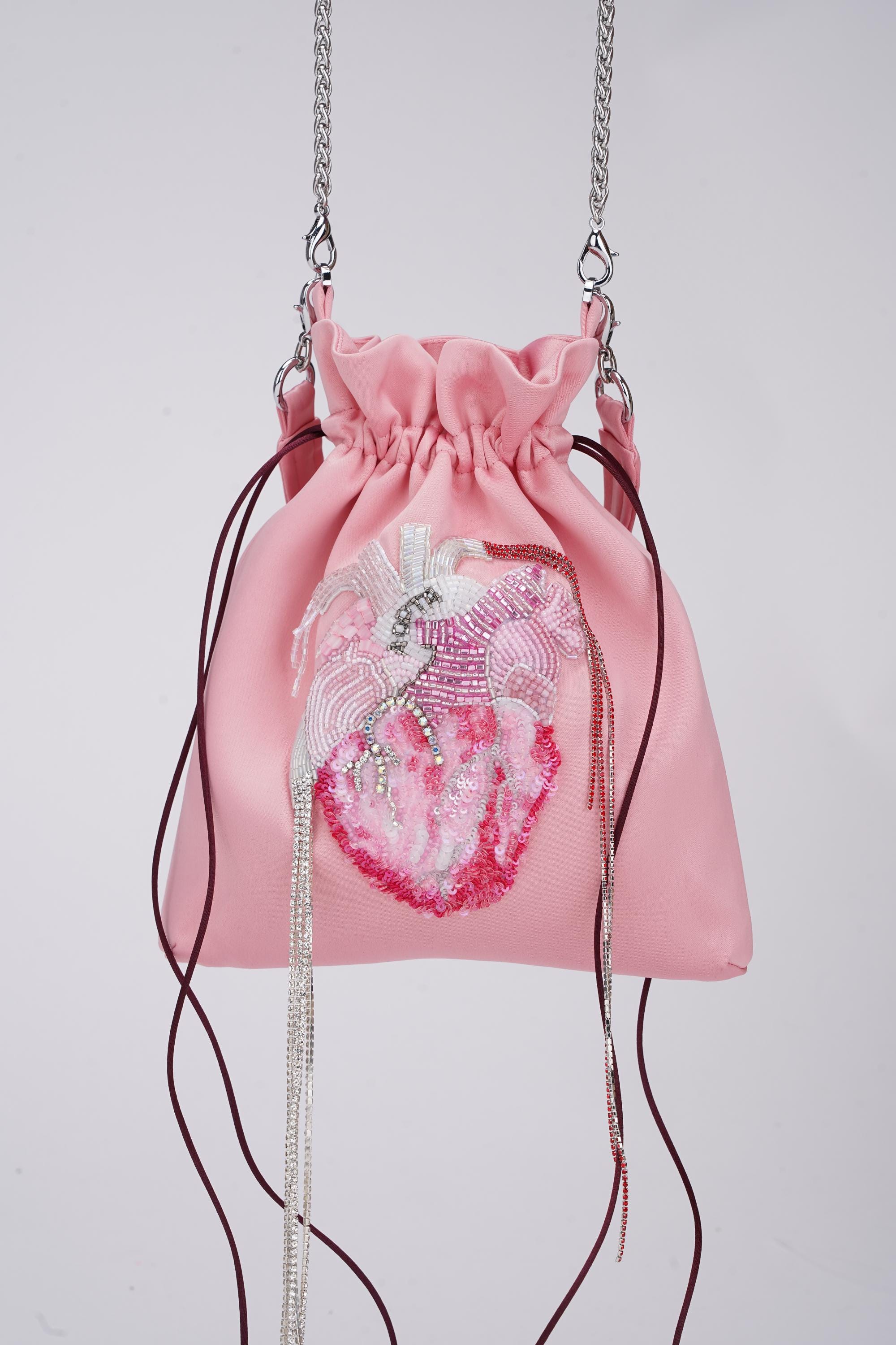 Pink satin embroidered bag, bag with heart, little bag, textile bag, beaded bag, shining bag, embroidered heart, handmade embroidery