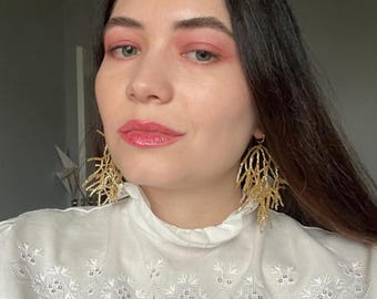 Gold lightning or coral earrings, long beaded dangle earrings, seed bead earrings, handmade accessories, unique and bright gift for her