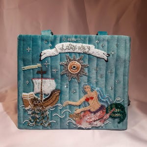Textiltasche mit handgemachter Stickerei, Samttasche mit gestickter Meerjungfrau, exklusive Tasche, Märchen hafte Stickerei, Umhängetasche, Perlentasche