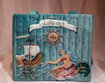 Textile bag with handmade embroidery, velvet bag with embroidered mermaid, exclusive bag, fairytale embroidery, shoulder bag, beaded bag