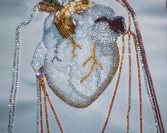 White satin bag with embroidered heart, little bag, textile bag, beaded shining bag, embroidered heart, handmade embroidery, evening bag