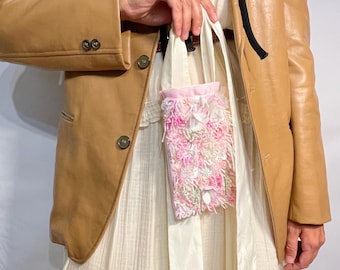 Spring embroidered bag, flowers bag, pink satin bag, little bag, textile bag, beaded bag, bridal bag, embroidery of flowers, sequins flowers