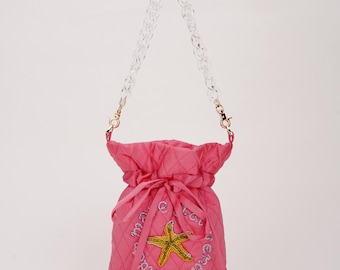 Pink taffeta bag with embroidery, little pouch, bridal bag, textile bag with embroidered words and sea star, embroidery glow in the dark