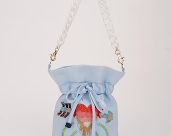 Satin Blue Embroidered Bag - Bag with Beaded Heart and Plastic Strap - Evening Bag - Handmade Clutch - Luxury Purse for Wedding or Party