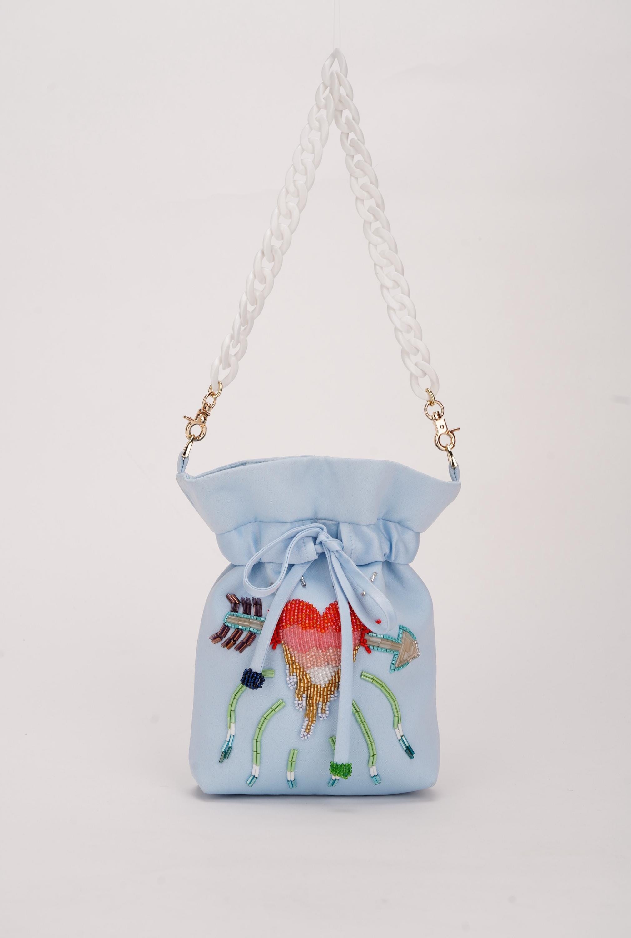 Satin Blue Embroidered Bag - Bag with Beaded Heart and Plastic Strap - Evening Bag - Handmade Clutch - Luxury Purse for Wedding or Party