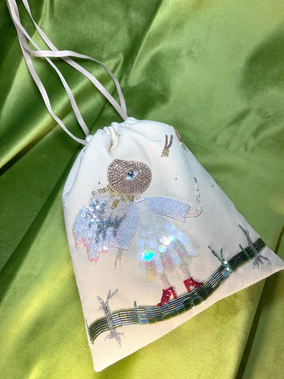 Superstar, beige textile bag with embroidery, little bag, sequins embroidery and beaded bag, fairytale, shining bag, embroidery stars, space