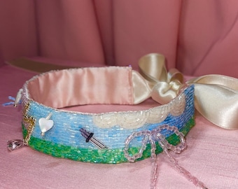 Fairycore Beaded Choker – Handmade Embroidered Necklace, Cottagecore Fairy Jewelry, Whimsical Gift, Magical Fantasy Ribbon Choker
