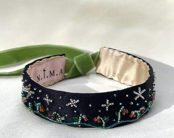 Textile choker, hand embroidery, satin choker, accessories, embroidered choker, textile necklaces, choker with stars, flowers, starry night
