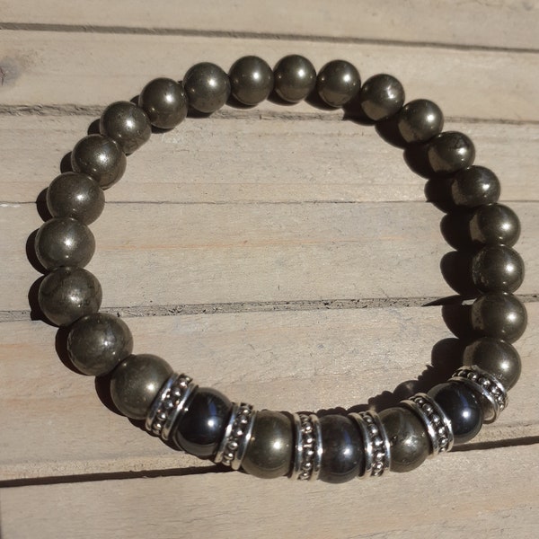 Bracelet Paix et Harmonie en Hematite et Pyrite avec perles tibétaines en argent, bijoux pour homme motard.