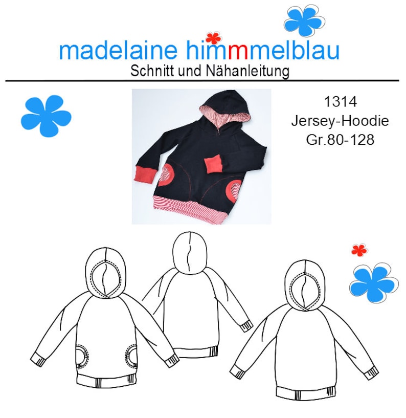 1314 Schnittmuster Kinderpullover Kinderhoodie Hoodie Kinder Mädchen Junge Gr.80-128 nähen PDF Download image 1