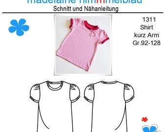 1311 Schnittmuster Mädchenshirt Kindershirt Mädchen Shirt Tshirt Sommershirt kurzarm Gr.92-128 PDF Download Schnittmuster Nähanleitung