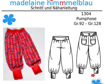 Puede incluir: Un patrón de costura para un pantalón rojo y blanco con estampado y dobladillo en la parte inferior. El patrón se llama "Pumphose" y es para las tallas 92 a 128. El patrón es de la empresa "madelaine himmmelblau".
