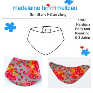 Könnte beinhalten: Ein graues und weißes Stoff-Babyspucktuch mit einem Blumenmuster in Rosa, Orange und Gelb. Das Spucktuch ist dreieckig und hat einen Druckknopfverschluss. Der Text "1307 Halstuch Baby und Kleinkind 0-3 Jahre" ist rechts im Bild gedruckt.