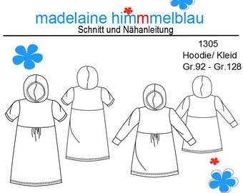 1305 Schnittmuster Mädchenkleid Mädchentunika Jersey Kleid Sommerkleid Hoodie Gr.92-128 PDF Download