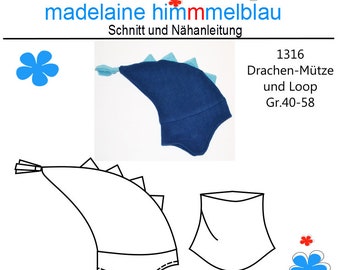 1316 Schnittmuster Kindermütze Drachenmütze Mütze Schal  Kinderschal Loopschal Kleinkind Mädchen Junge Gr.40-58 PDF Download