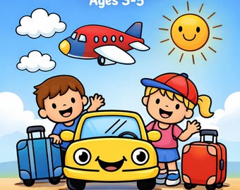 Peut inclure: Illustration colorée pour un cahier d'activités de voyage pour les enfants de 3 à 5 ans. L'image présente une voiture jaune, un avion rouge et bleu, deux enfants, des valises, des nuages et un soleil souriant sur fond de ciel bleu. Le titre est "Travel Activity Book".