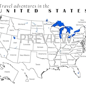 May include: A black and white map of the United States with state names labeled. The Great Lakes region is highlighted in blue.