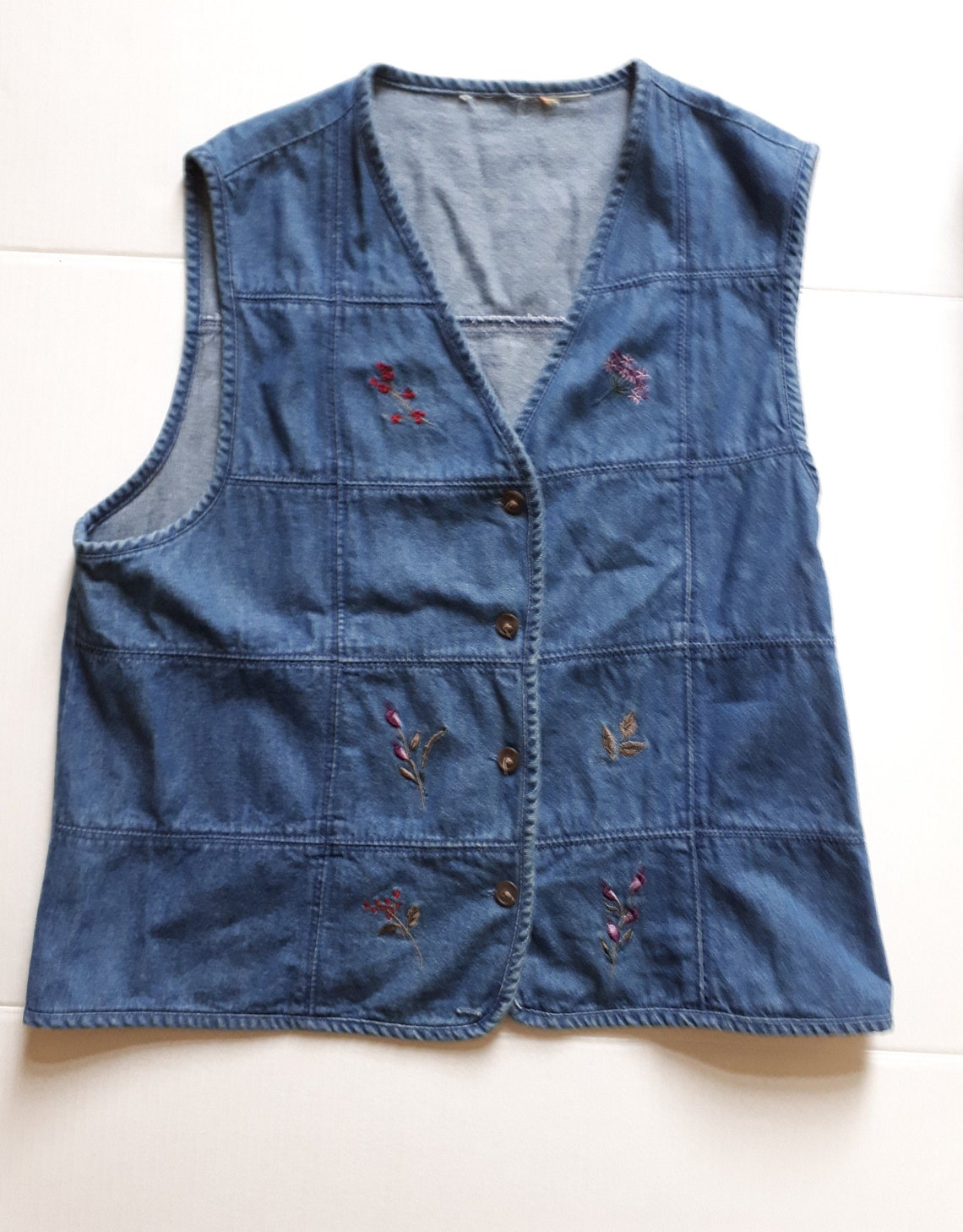 Blue denim vest with embroidered flowers teachers vest unlined | Etsy