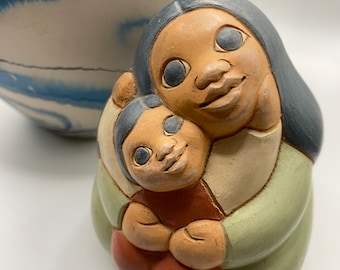 Ceramic Signed Art Figurine 4.25" Woman & Child