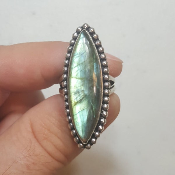 Reserved Stunning Marquise Labradorite Ring Size 7  .925 Sterling Silver Natural Blue/Green/Gold Flashes Stunning Quality