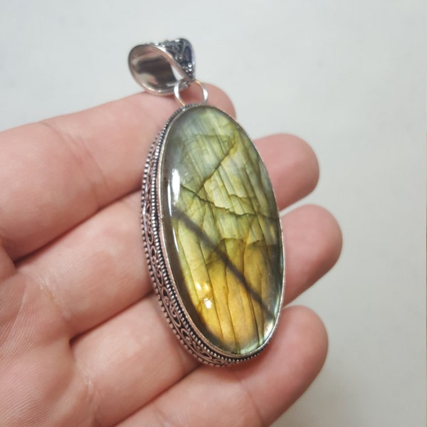 Stunning Labradorite Pendant 3"  Two Different Gorgeous Natural Flashes Of Gold And Teal Natural Rainbow Inside The Top Left Corner Amazing