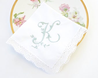 VINEYARD FONT Embroidered Monogrammed Handkerchief, Personalized Custom Handkerchief, Wedding Hankie, Single Letter Monogram