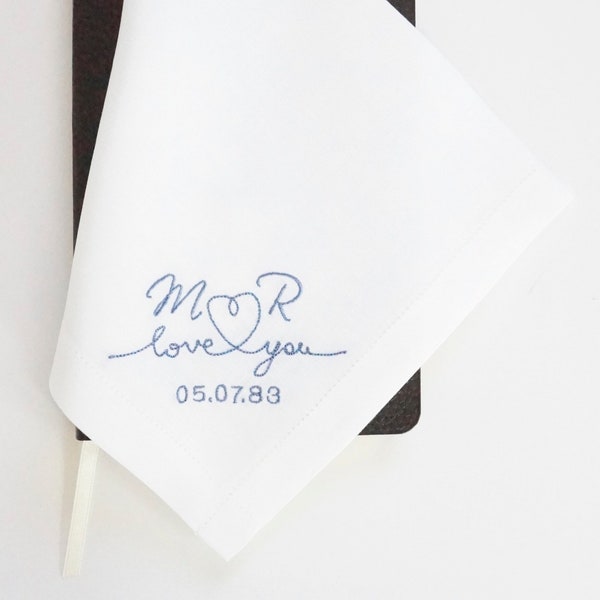 LOVE NOTE FONT Mens Embroidered Monogrammed Handkerchief, Wedding Handkerchief, Personalized Pocket Square,  Hankie