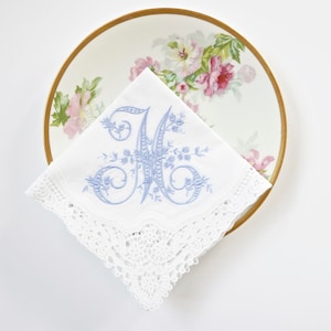 VINTAGE font Embroidered Monogrammed Handkerchief, Personalized Custom Handkerchief, hanky, Single Letter Monogram