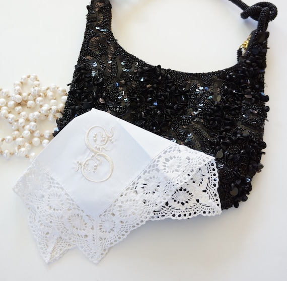 VENETIAN FONT Embroidered Monogrammed as shown on Hand Crochet Off White Lace Handkerchief, Personalized Hankie, Single Letter Monogram