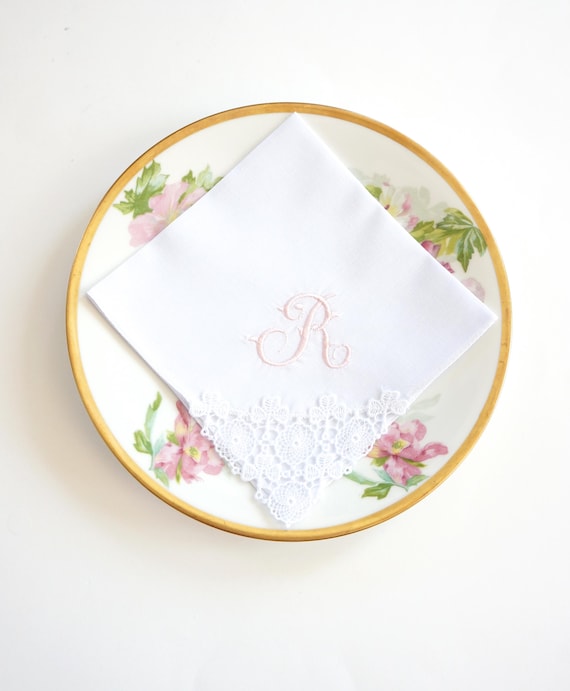 FRENCH SCRIPT font Embroidered Monogrammed Shamrock Handkerchief, Personalized Custom Handkerchief, Single letter monogram