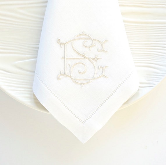 ESTATE FONT Monogrammed Embroidered Custom Napkins, Towels, One or Two Thread Colors, featured in Magenta and Gold thread colors