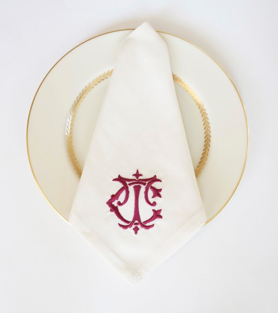 BESPOKE FONT MONOGRAM, Embroidered Personalized & Custom Napkins, Towels, One or Two Thread Colors, Custom thread color plum as shown