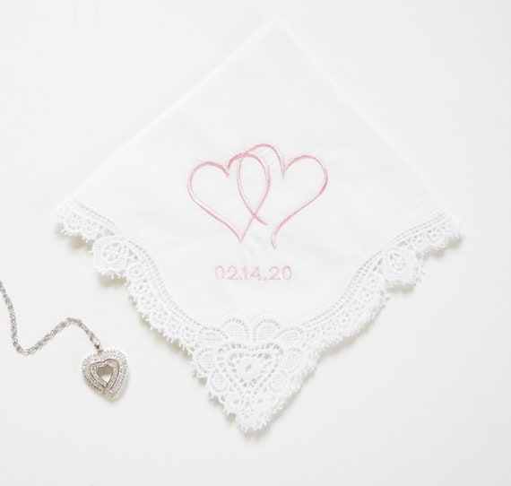 Two Hearts One Love, Two Hearts Together, Ladies Embroidered Monogrammed Handkerchief, Wedding Handkerchief, Personalized Handkerchief