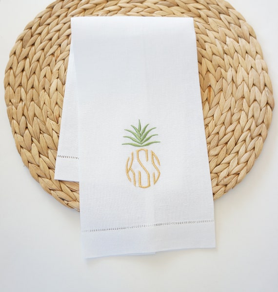 PINEAPPLE I Embroidered Monogram Design on Cloth Linen Towel, Cotton towel, One or Two Thread Colors