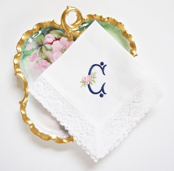 ROSE design and font Embroidered Monogrammed Handkerchief, Wedding Hankie, Bridesmaids gifts, Single Letter Monogram