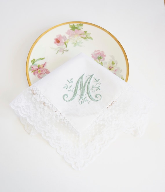 JARDIN MONOGRAM, Greenery Design, Embroidered Monogrammed Handkerchief, Personalized Custom Handkerchief, hanky, Single Letter Monogram