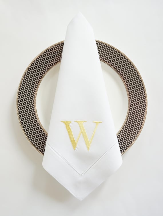 BLOCK LETTER COLLECTION of Monogram Fonts,  Embroidered Napkins and Guest Towels, Featured with Savile Row font and Sage thread color