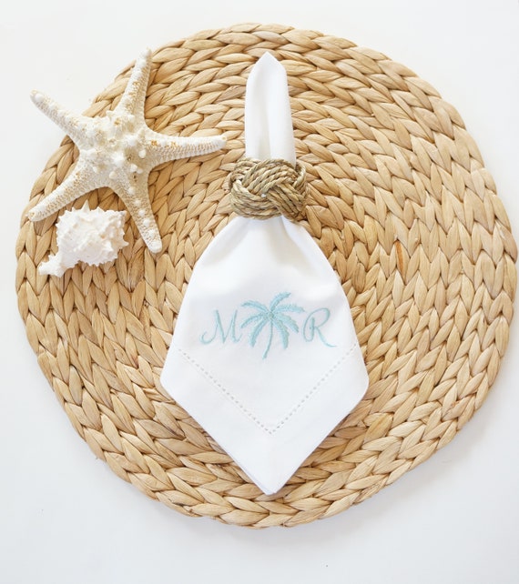 PALM TREE Monogram Embroidered Cloth Dinner Napkins, Linen Towels, wedding or hostess gift, bridal shower gift, kitchen towels