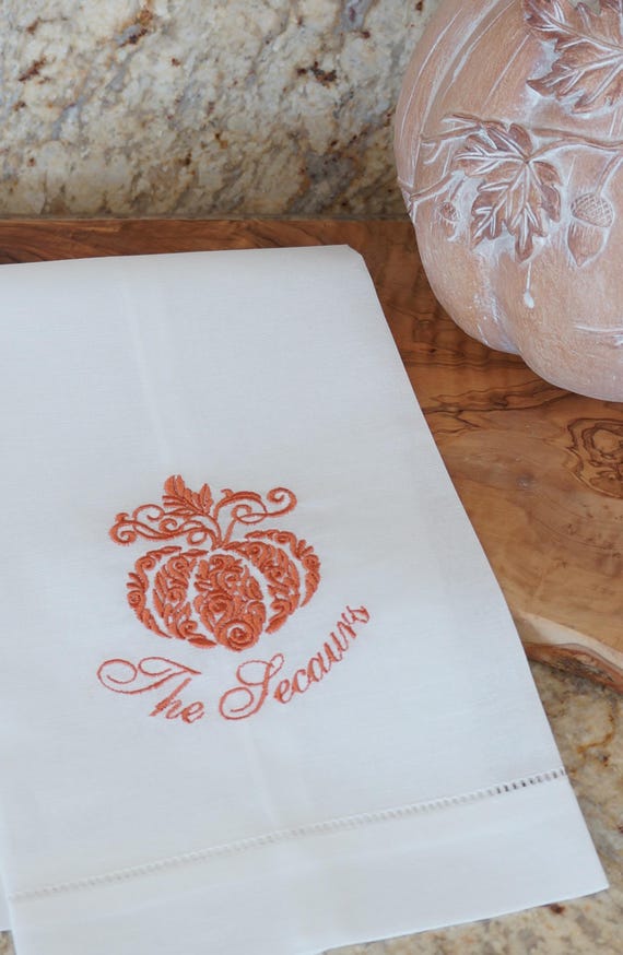 FALL PUMPKIN Embroidered Personalized Napkins, Wedding Napkins, As shown on a Towel, Sustainable, Reusable, Eco friendly