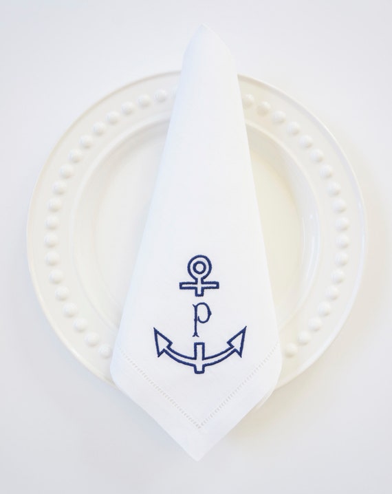 ANCHOR Embroidered Monogram, Nautical Embroidered Napkins, linens, cocktail napkins, towels